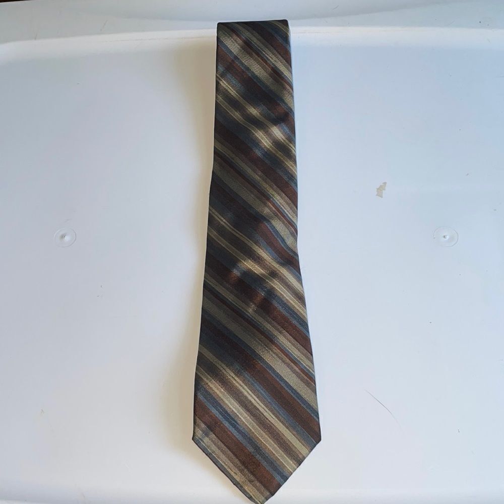 Vtg 70s gray, tan, brown & blue striped silk tie